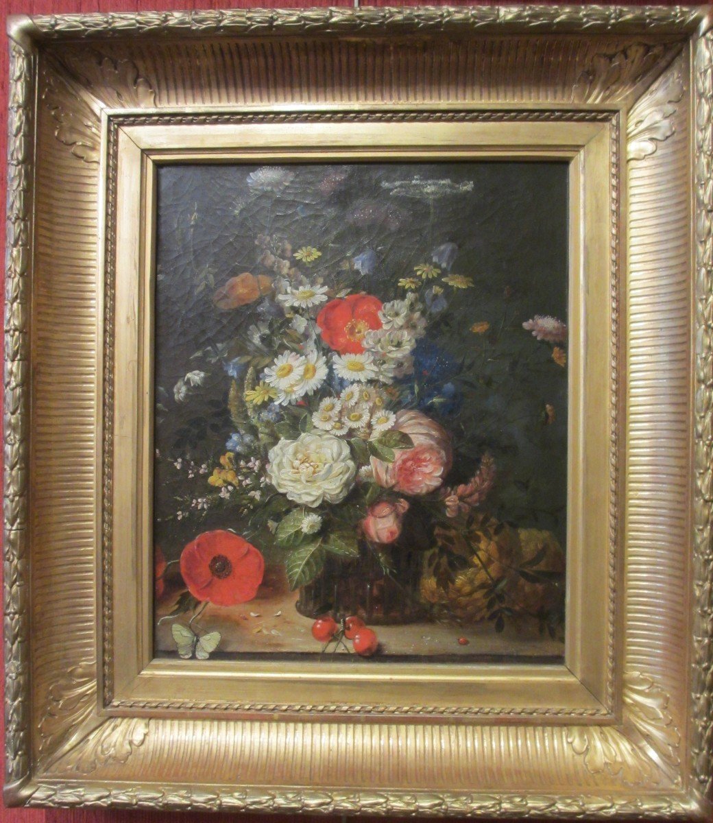 Huile Sur Toile "bouquet De Fleurs" XIXs