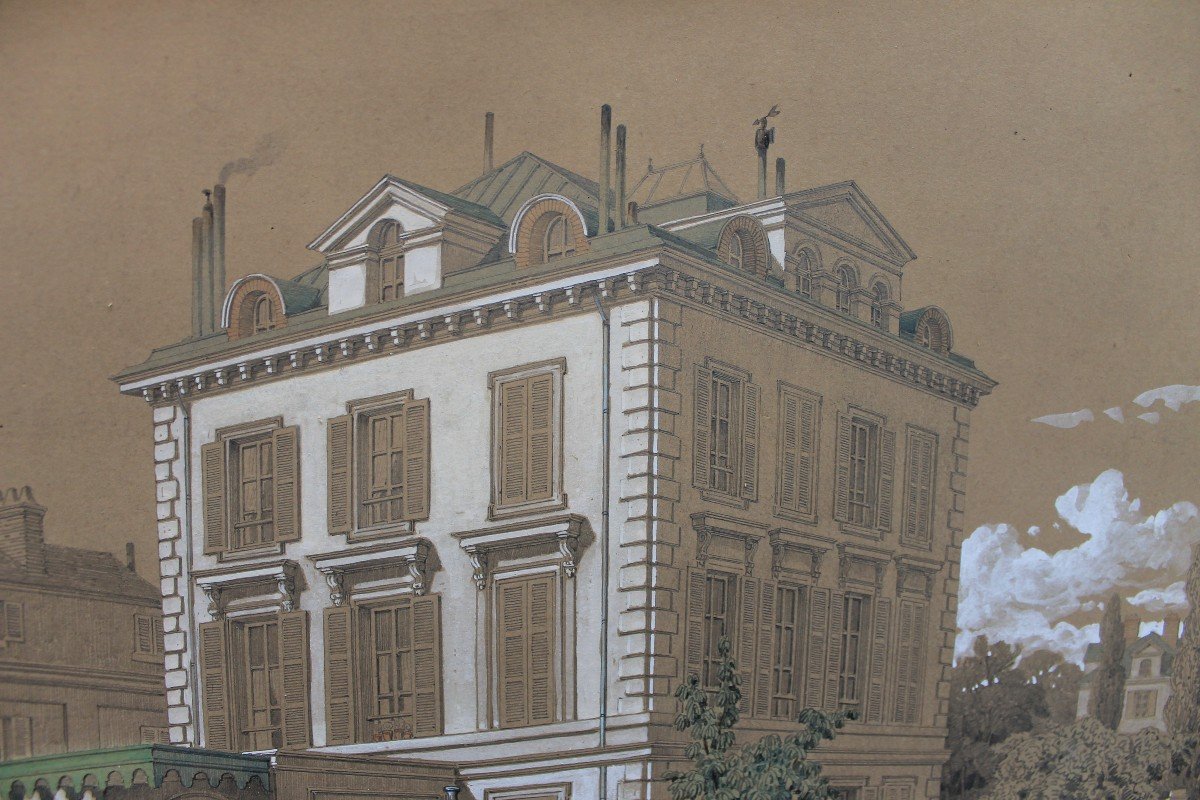 Gouache Drawing "bourgeois House And Its Garden" By Adolphe Maugendre. 1850-photo-2