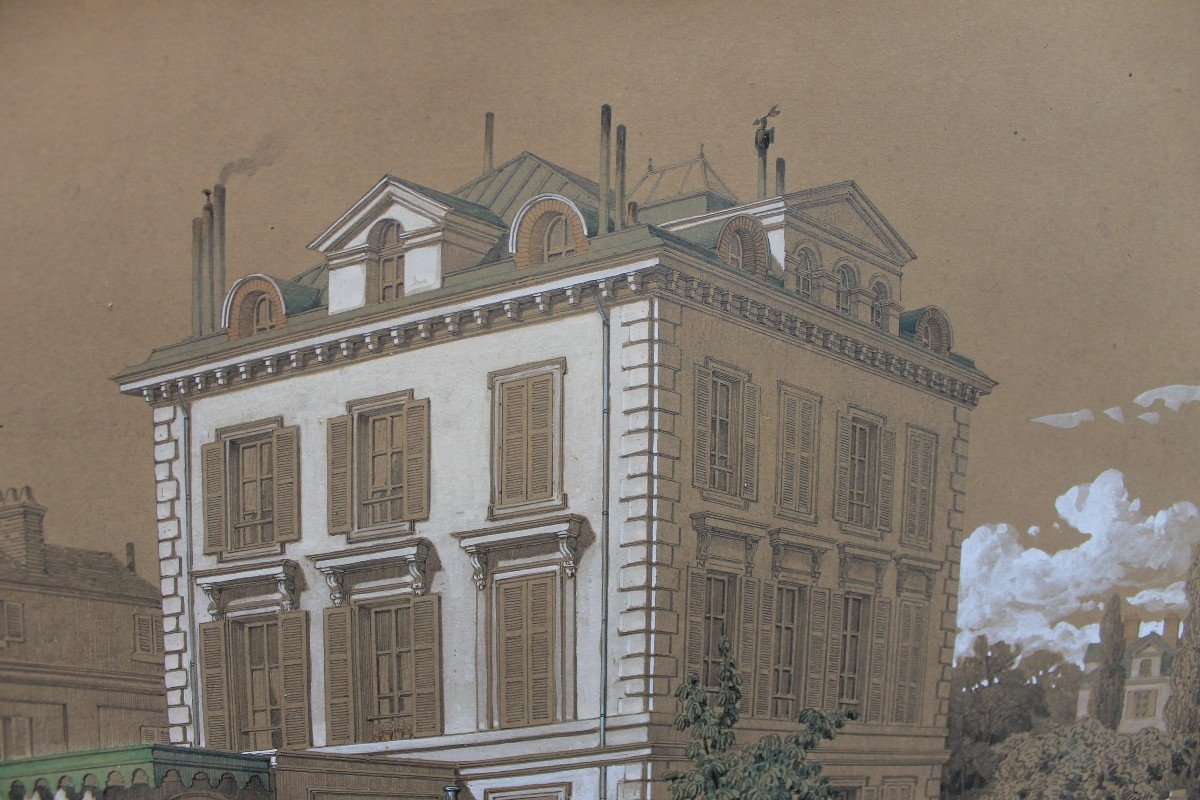 Dessin Gouaché "maison Bourgeoise Et Son Jardin" Par Adolphe Maugendre . 1850-photo-2