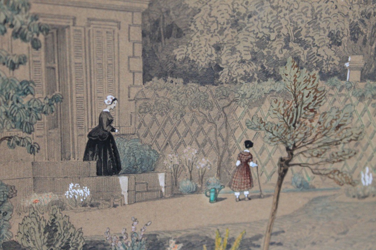 Gouache Drawing "bourgeois House And Its Garden" By Adolphe Maugendre. 1850-photo-4