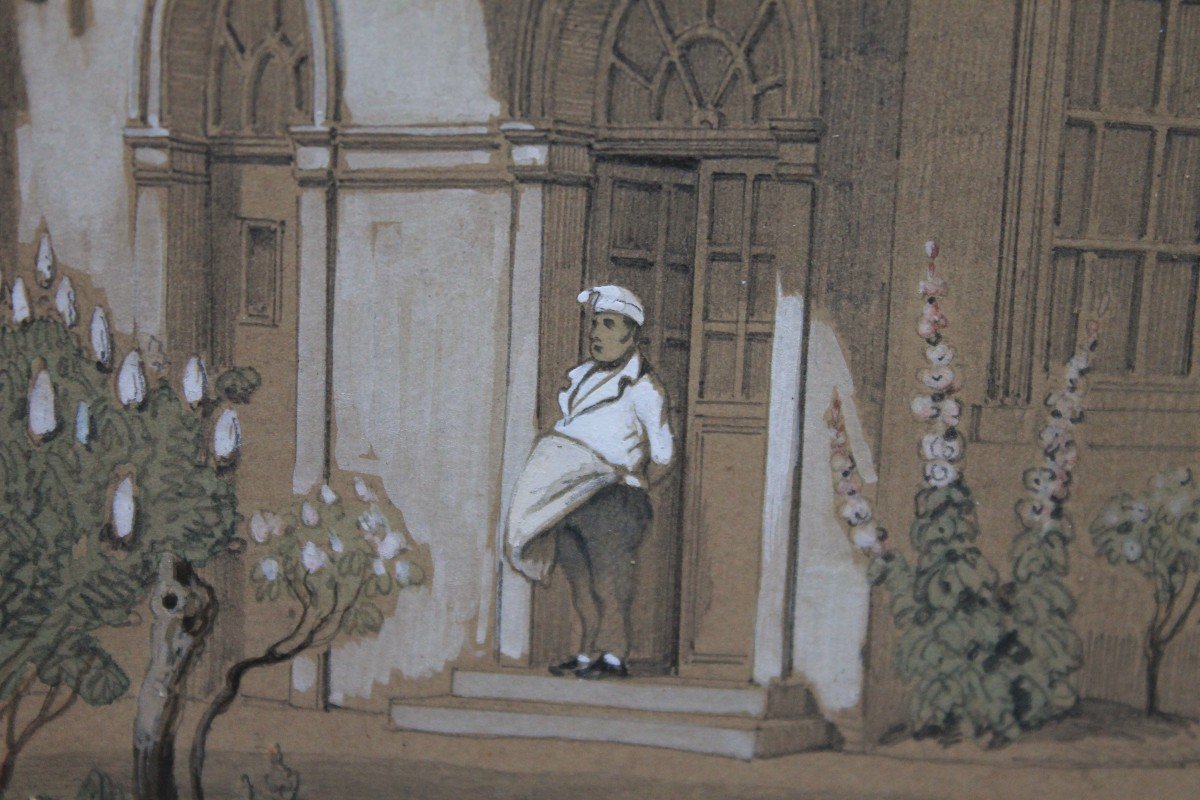 Gouache Drawing "bourgeois House And Its Garden" By Adolphe Maugendre. 1850-photo-1