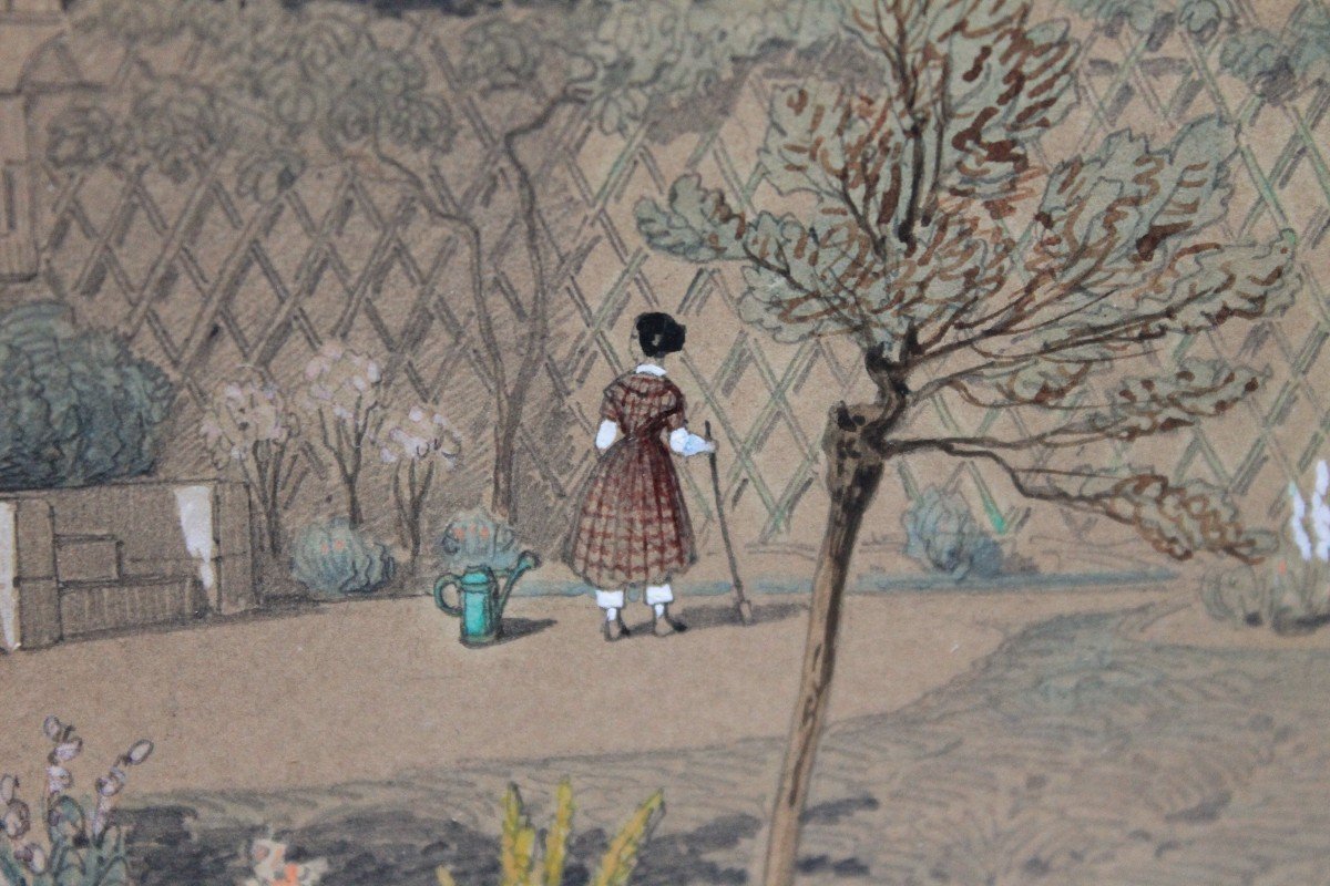 Gouache Drawing "bourgeois House And Its Garden" By Adolphe Maugendre. 1850-photo-5