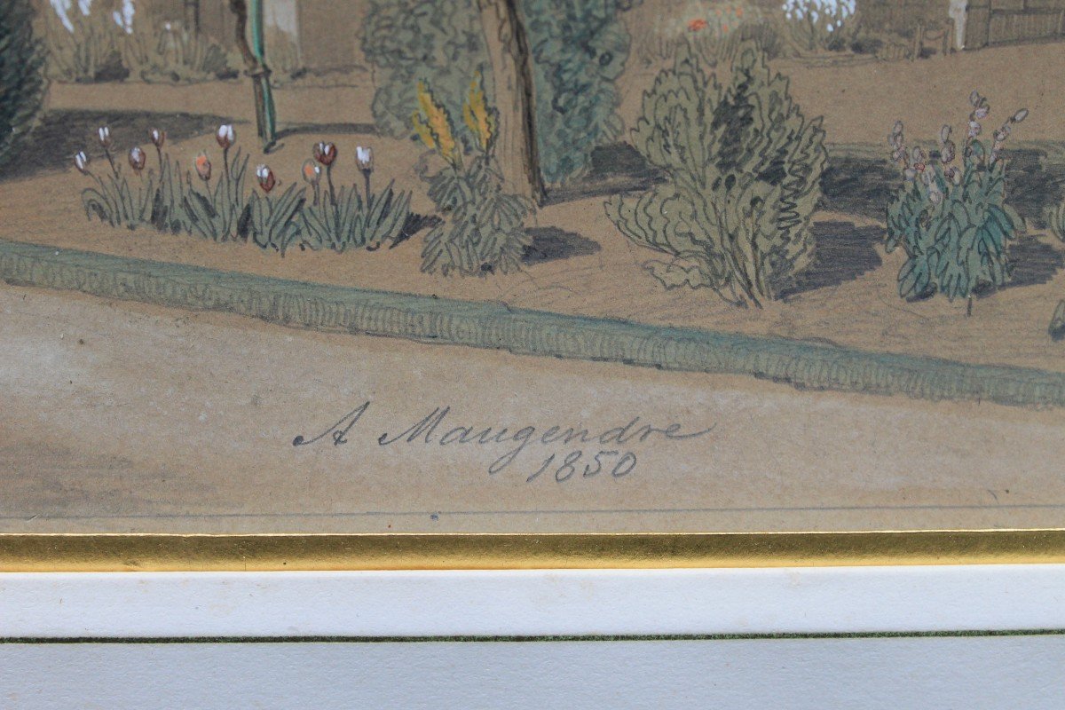 Dessin Gouaché "maison Bourgeoise Et Son Jardin" Par Adolphe Maugendre . 1850-photo-6