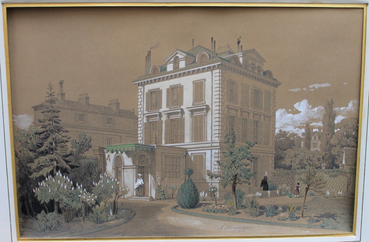Gouache Drawing "bourgeois House And Its Garden" By Adolphe Maugendre. 1850