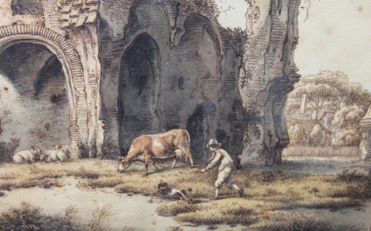 Drawing XVIII S "pastoral Scene" By Bernhard Heinrich Thier.-photo-4