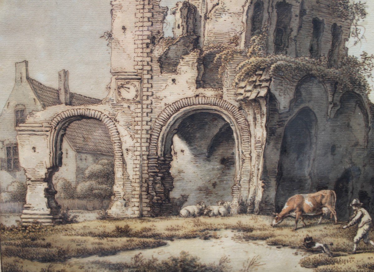 Drawing XVIII S "pastoral Scene" By Bernhard Heinrich Thier.-photo-1