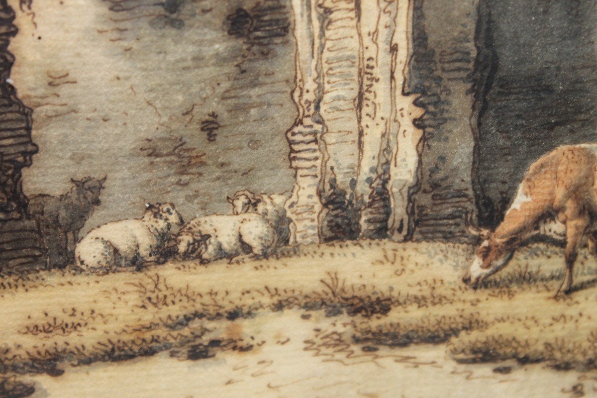 Drawing XVIII S "pastoral Scene" By Bernhard Heinrich Thier.-photo-4