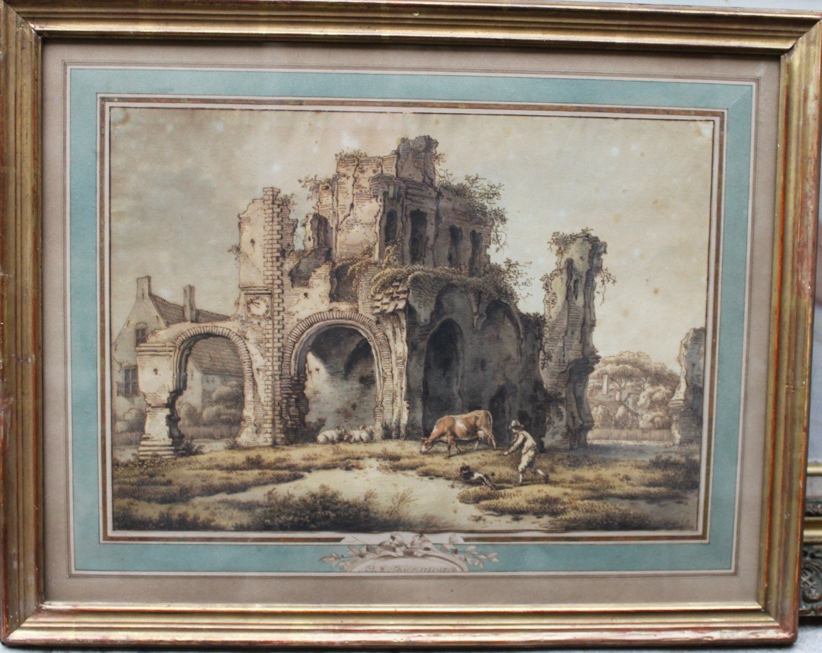 Drawing XVIII S "pastoral Scene" By Bernhard Heinrich Thier.