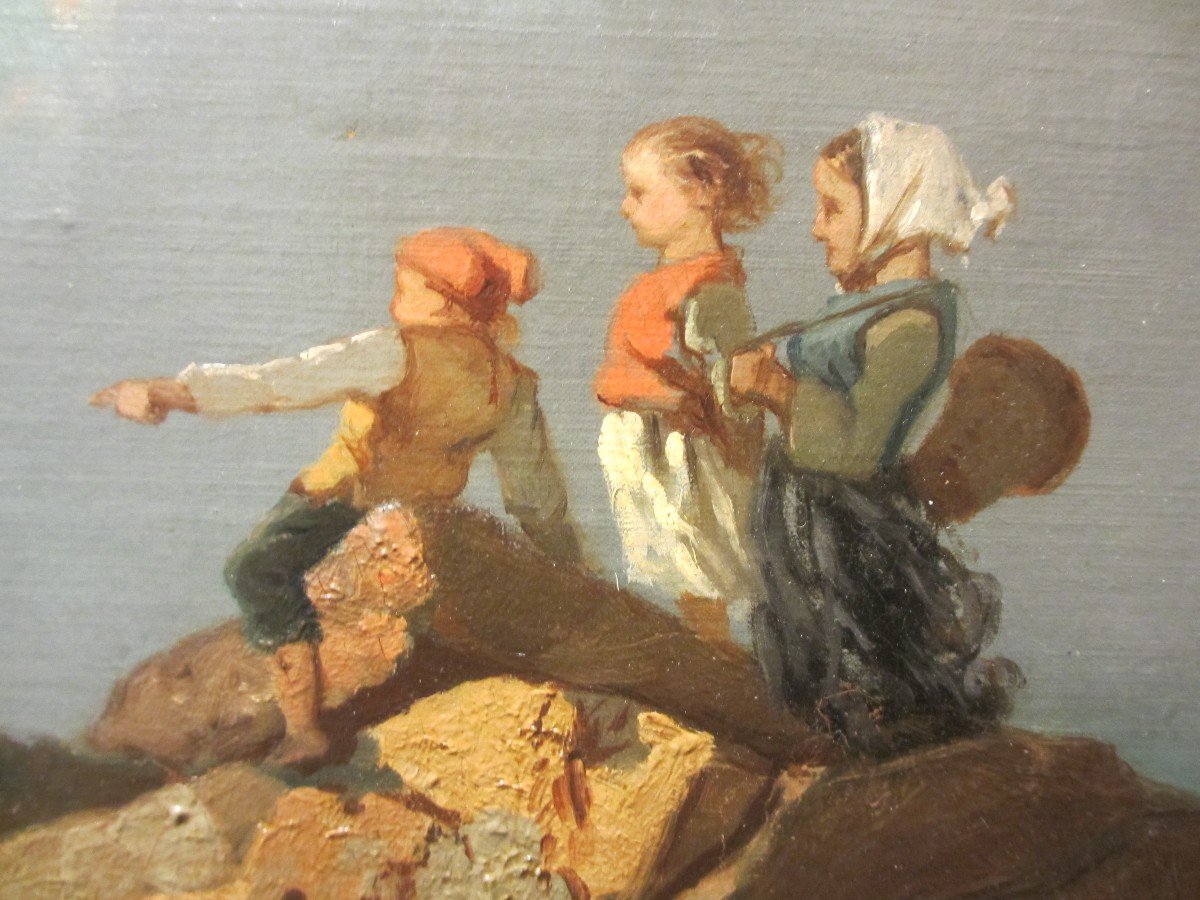 "children On The Seaside" Oil On Cardboard Attributed To Eugène Le Poittevin-photo-4