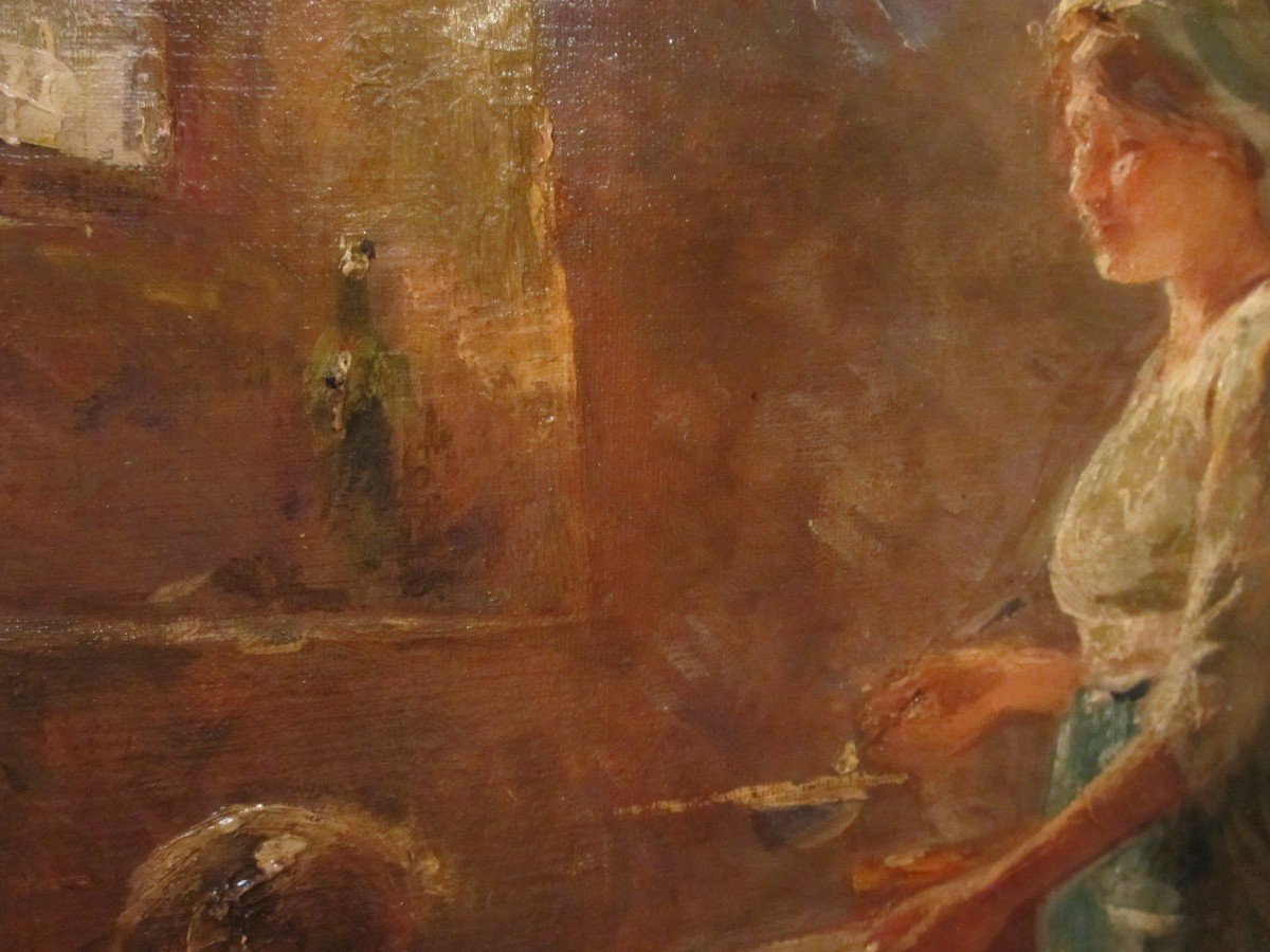 Huile sur toile : "Intérieur paysan " par René Chrétien .-photo-4