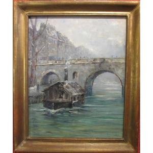 Huile Sur Panneau : Le Bateau- Lavoir Du Pont Marie à Paris.