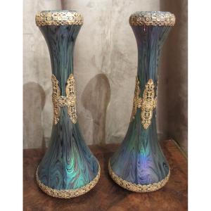 Pair Of Bohemian Iridescent Vases Attributed To Loetz