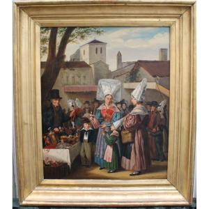 Oil On Canvas: Toy Merchant In Normandy. Caen. 19th Century