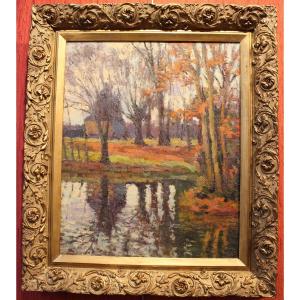 Oil On Cardboard: Autumn In Normandy By Narcisse Henocque