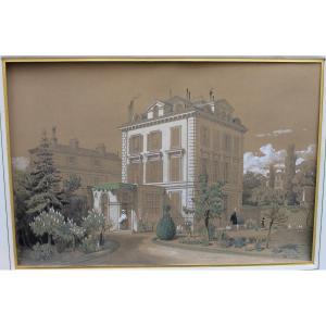 Dessin Gouaché "maison Bourgeoise Et Son Jardin" Par Adolphe Maugendre . 1850