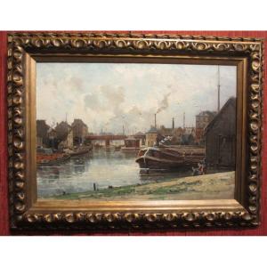 Oil On Canvas By Gustave Mascart "river Port Near Paris"