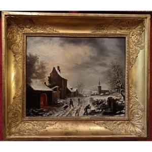 "snowy Village Scene" By Louis Claude Malbranche