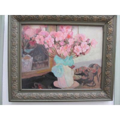 Oil On Cardboard: Bouquet Of Azalea.