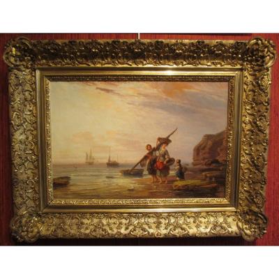 Oil On Canvas: Return From Fishing In Normandy At Sunset By Charles Louis Mozin.