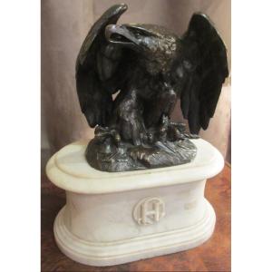 Patinated Bronze Eagle On White Marble Base