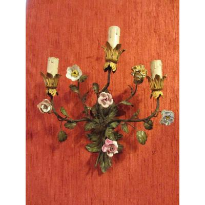 In Wall Pair Of Painted Iron And Porcelain Flowers