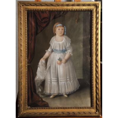 Pastel Of The Late 18th Century, Portrait Of Little Girl With Dog