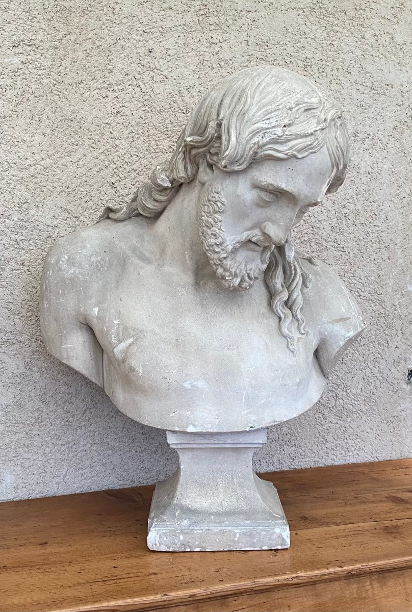 Important buste en platre du christ par Jean-Baptiste Barr&eacute;