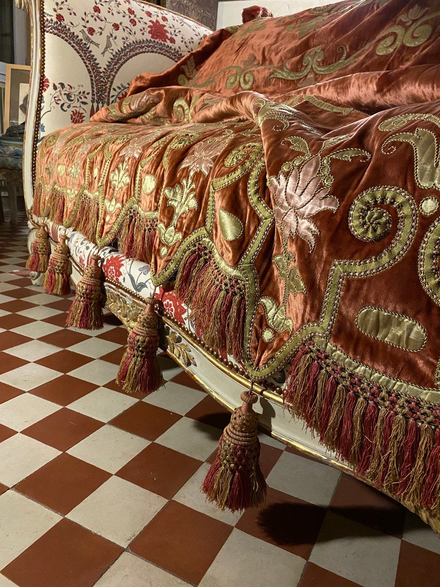 Large Embroidered Silk Velvet Bedspread And Trimmings, End Of The 19th Century-photo-4