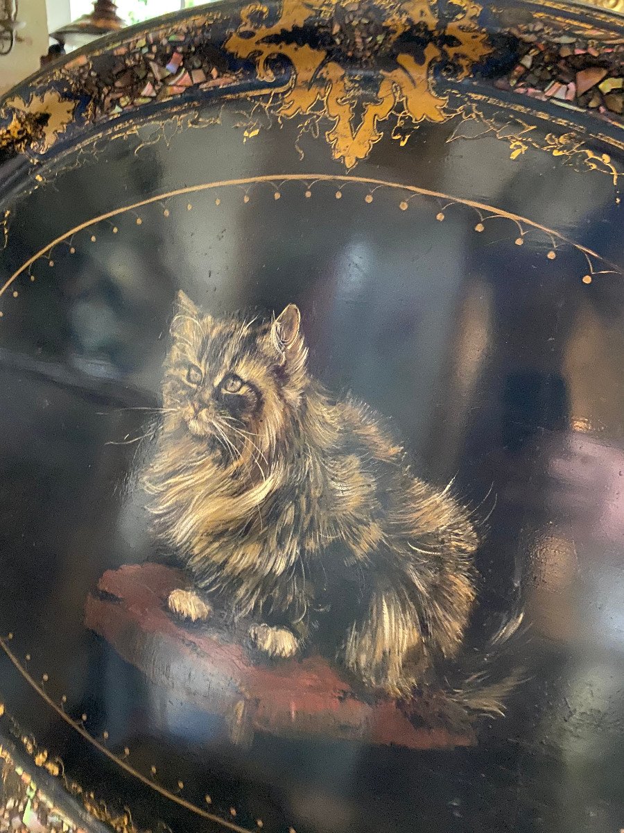 Very Large Tray In Painted And Burgundy Sheet Metal, Cat Decor, Napoleon III Period.