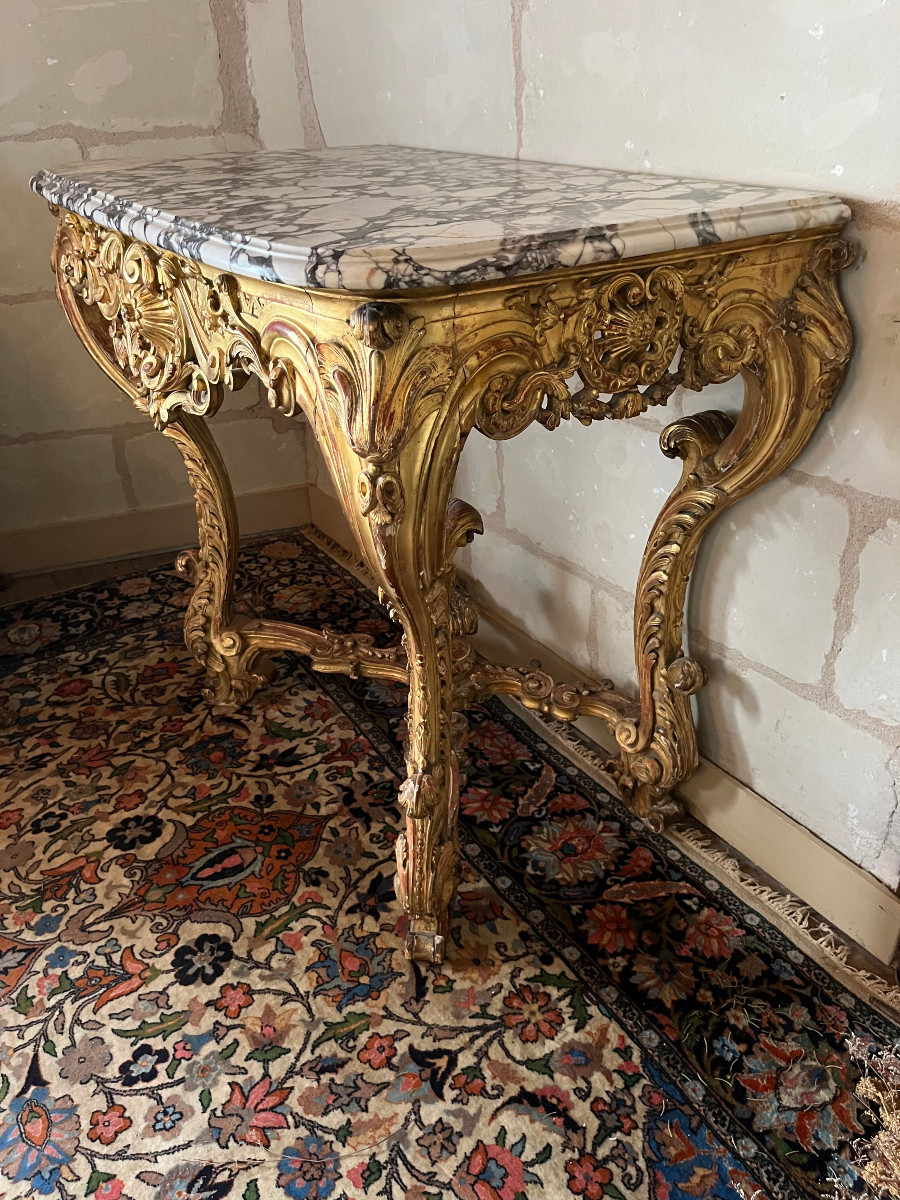 Console de style louis XV  à 4 pieds, bois doré, XIXeme siècle-photo-3