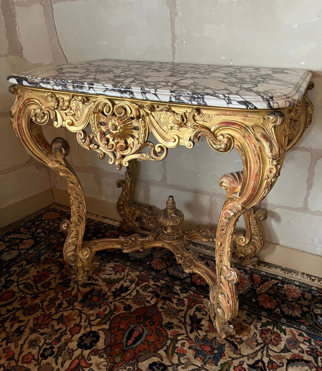 Console de style louis XV  à 4 pieds, bois doré, XIXeme siècle-photo-2