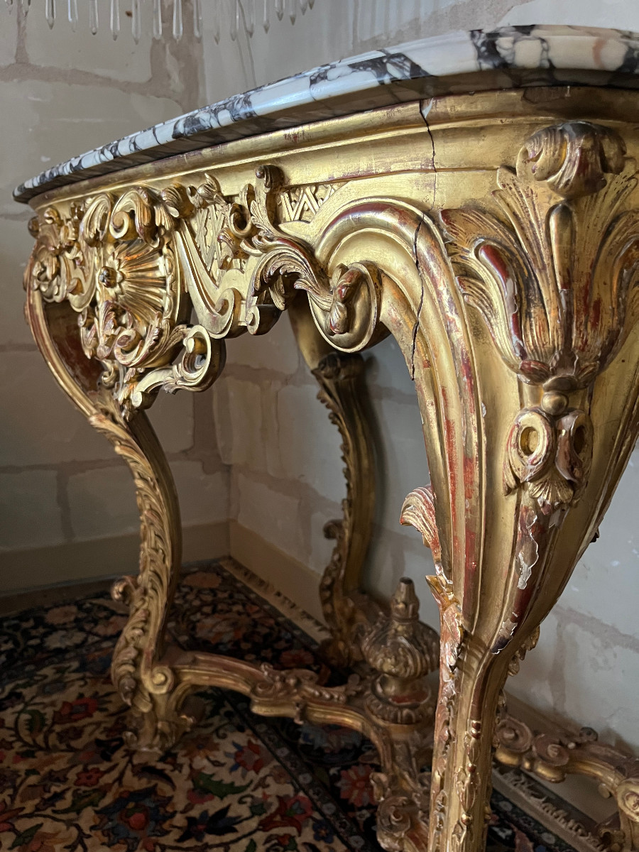 Console de style louis XV  à 4 pieds, bois doré, XIXeme siècle-photo-1