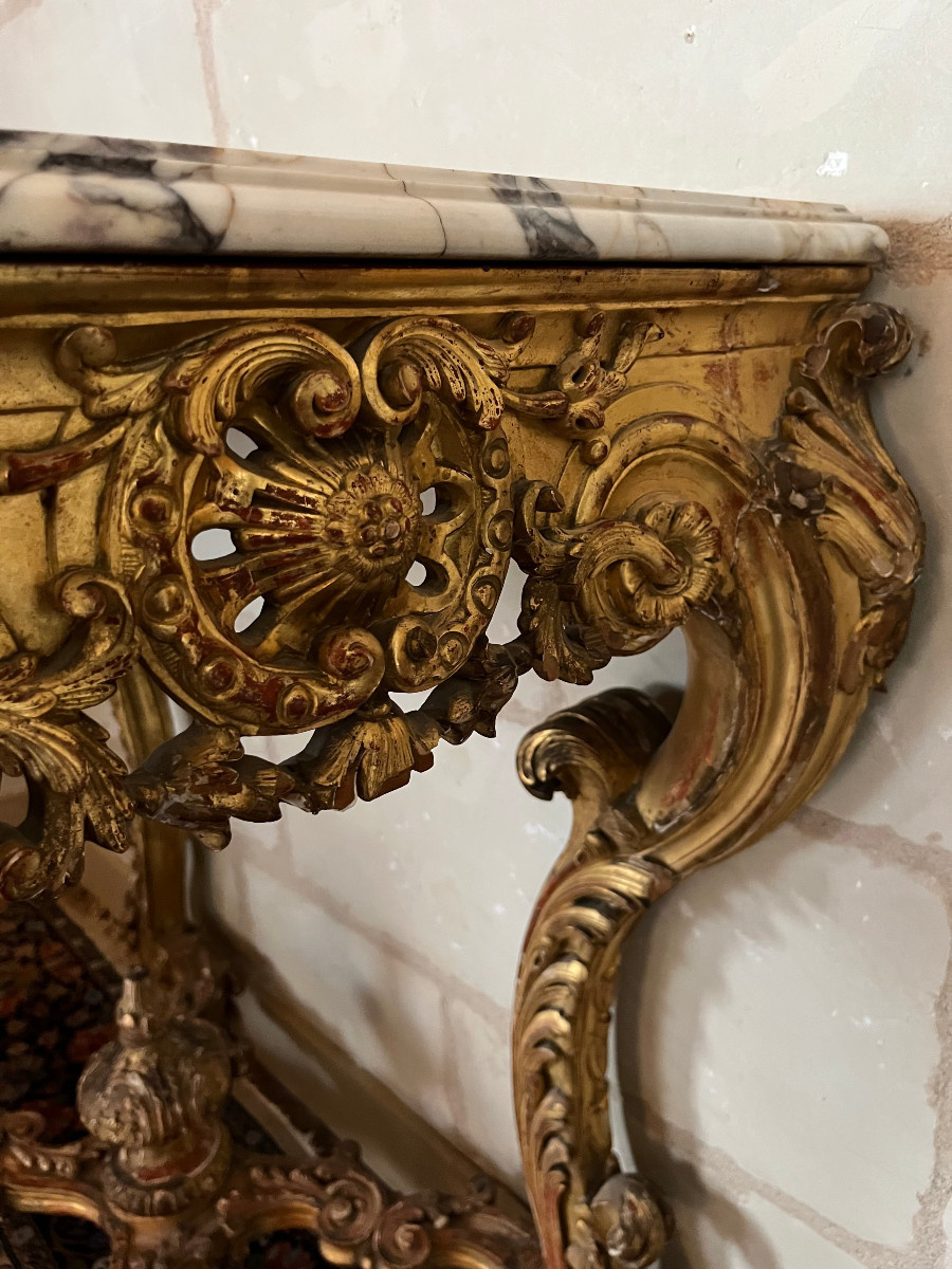 Console de style louis XV  à 4 pieds, bois doré, XIXeme siècle-photo-2