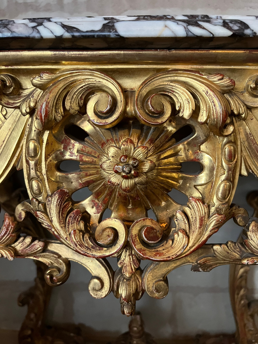 Console de style louis XV  à 4 pieds, bois doré, XIXeme siècle-photo-3