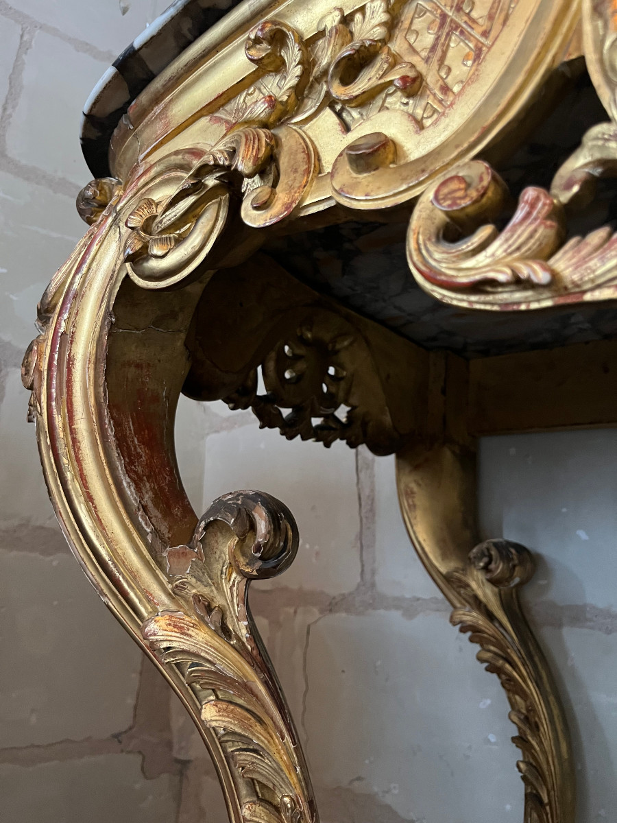 Console de style louis XV  à 4 pieds, bois doré, XIXeme siècle-photo-6