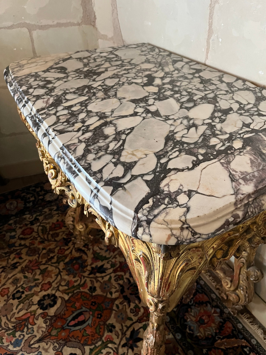Console de style louis XV  à 4 pieds, bois doré, XIXeme siècle-photo-7