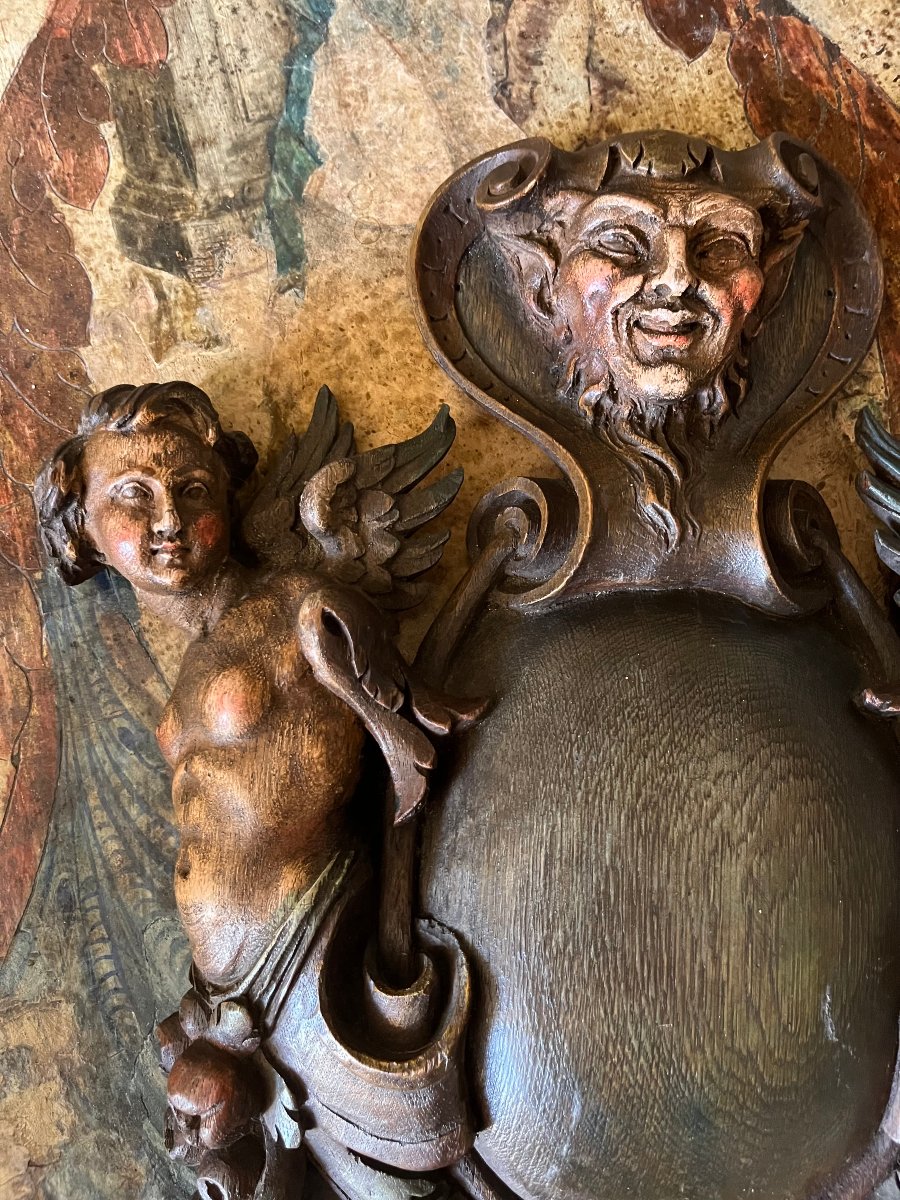 Carved Wooden Medallion Topped With A Devil's Head, 19th Century-photo-2