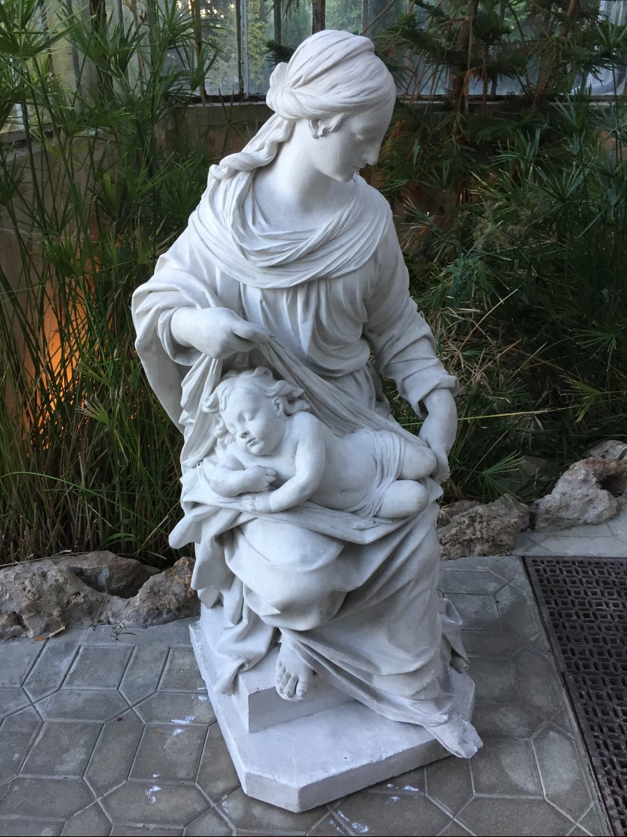 Large Plaster Statue Of The Virgin And Child, 19th Century-photo-2