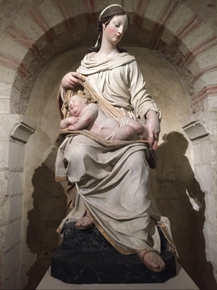 Large Plaster Statue Of The Virgin And Child, 19th Century-photo-4