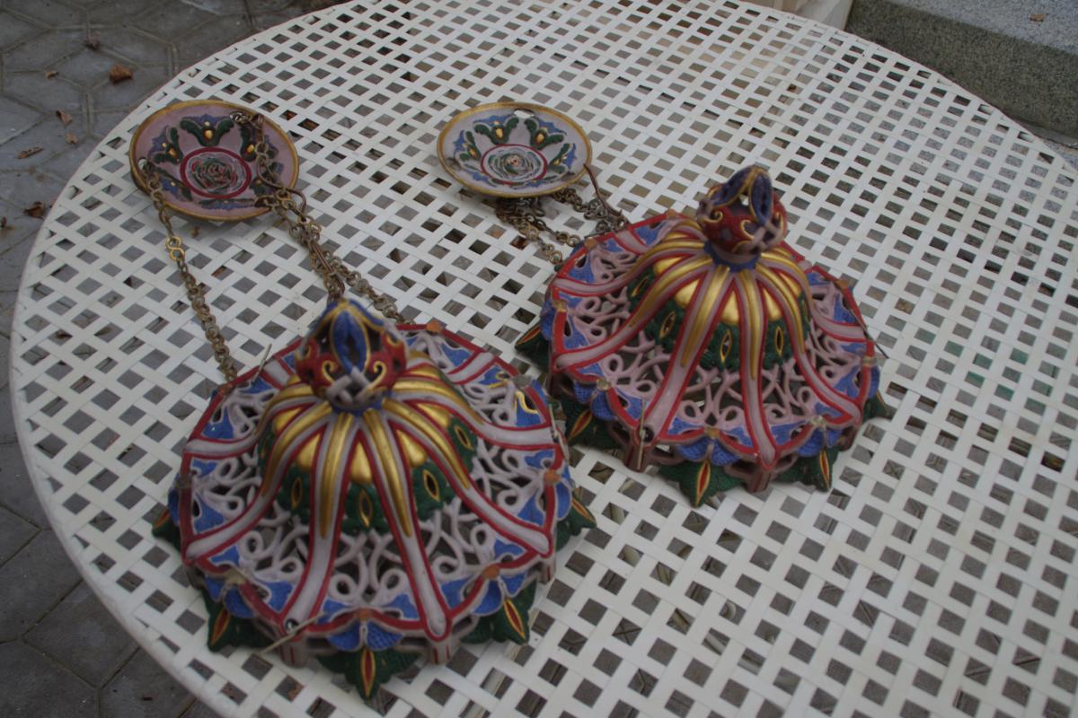 Paire De Suspension En Terre Cuite Polychrome-photo-2