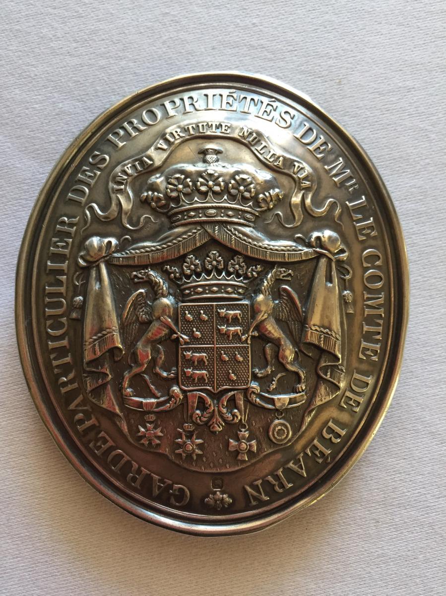 Plaque En Argent Massif De Garde Des Propriétés De Mr Le Comte De Béarn