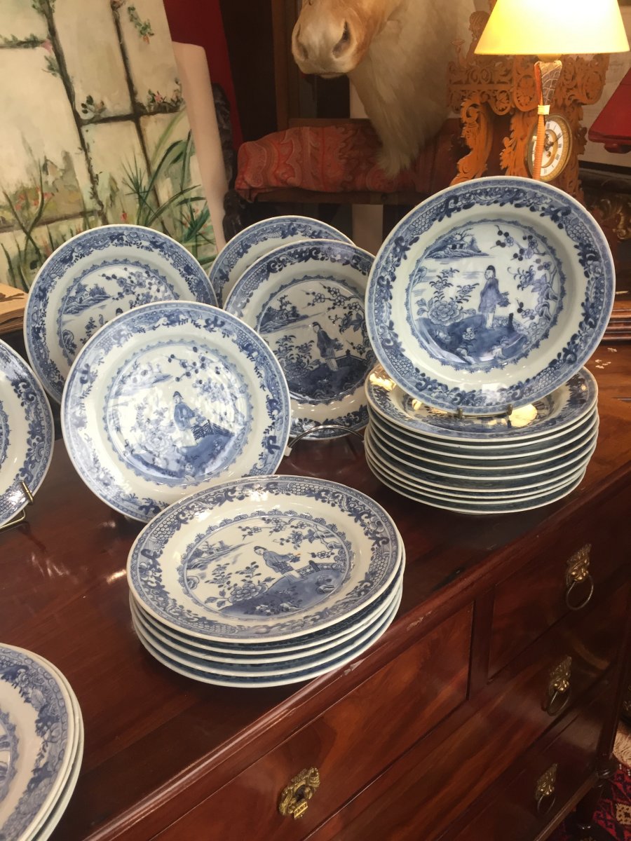 Suite De 34 Assiettes En Porcelaine "bleu/blanc" De La Compagnie Des Indes-photo-2