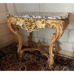 Louis XV Style Console With 4 Legs, Gilded Wood, 19th Century
