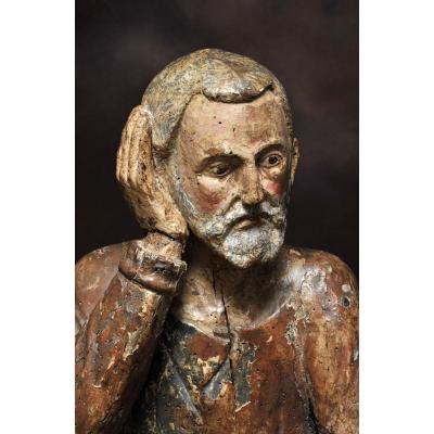 Saint Personnage En Bois Sculpté Polychrome