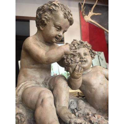 Groupe En Terre Cuite Aux Putti Vendangeurs XIXeme Siècle