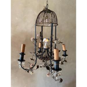 Cage Chandelier, Steel And Meissen Porcelain Late Nineteenth Century