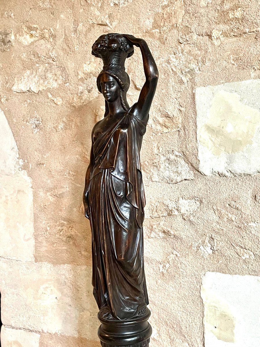 Young Woman In Antique Style On A Column, Pomone Carrying A Basket Of Fruits. Blackened Wood 19th-photo-2