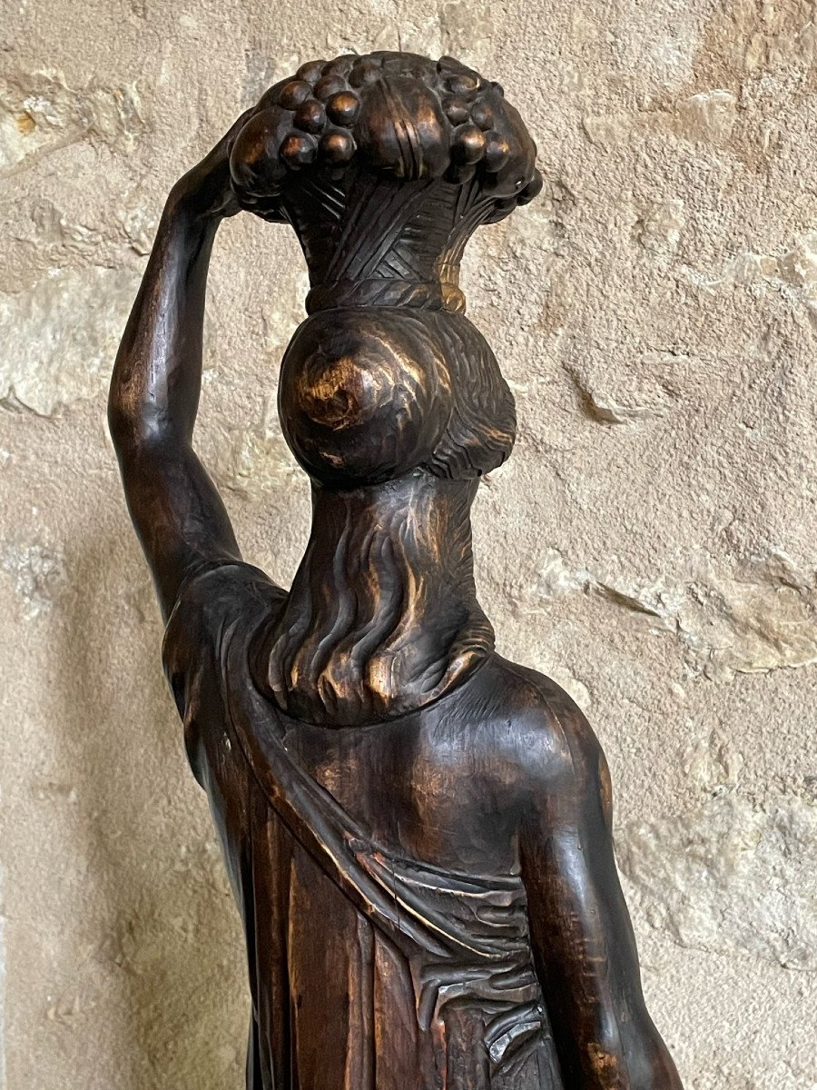 Young Woman In Antique Style On A Column, Pomone Carrying A Basket Of Fruits. Blackened Wood 19th-photo-3