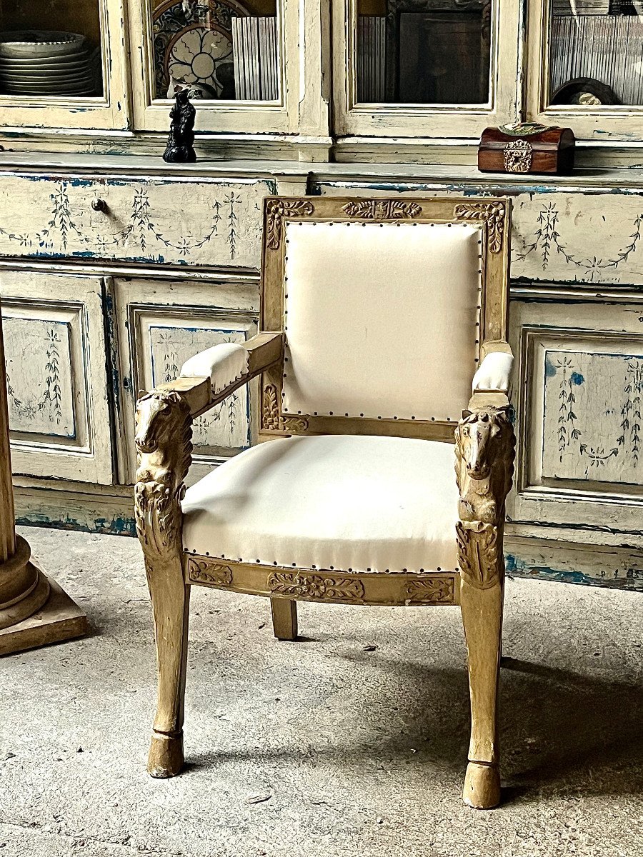 Empire Style Painted Wooden Armchair Decorated With Horse Heads. 20th Century. 