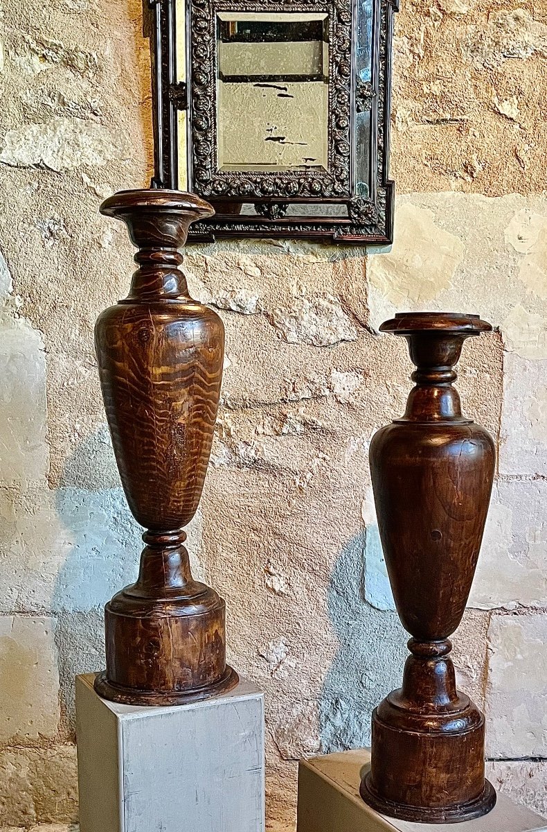 Pair Of Large Wooden Candle Holders With Baluster Shafts, Columns, Bolsters, Fun XVIIth Century.-photo-3